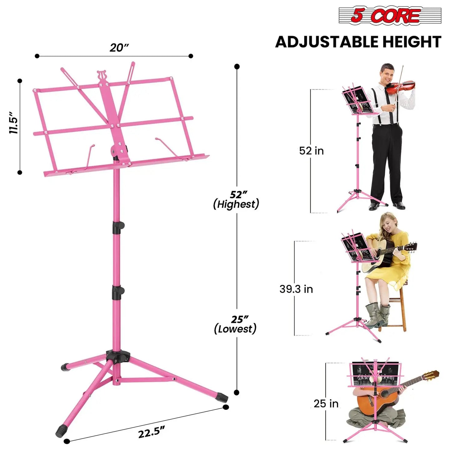 All-Metal Sheet Music Stand (Pink) – Portable Adjustable Desktop Book Holder, Foldable Bookstand for Musical Instruments, Model D0100H7WS06 (MUS FLD PNK)