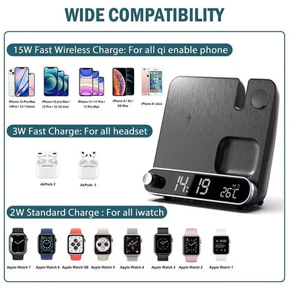 3-in-1 Wireless Charging Station with Alarm Clock – 15W Fast Charger for iPhone, Apple Watch & AirPods, LED Display