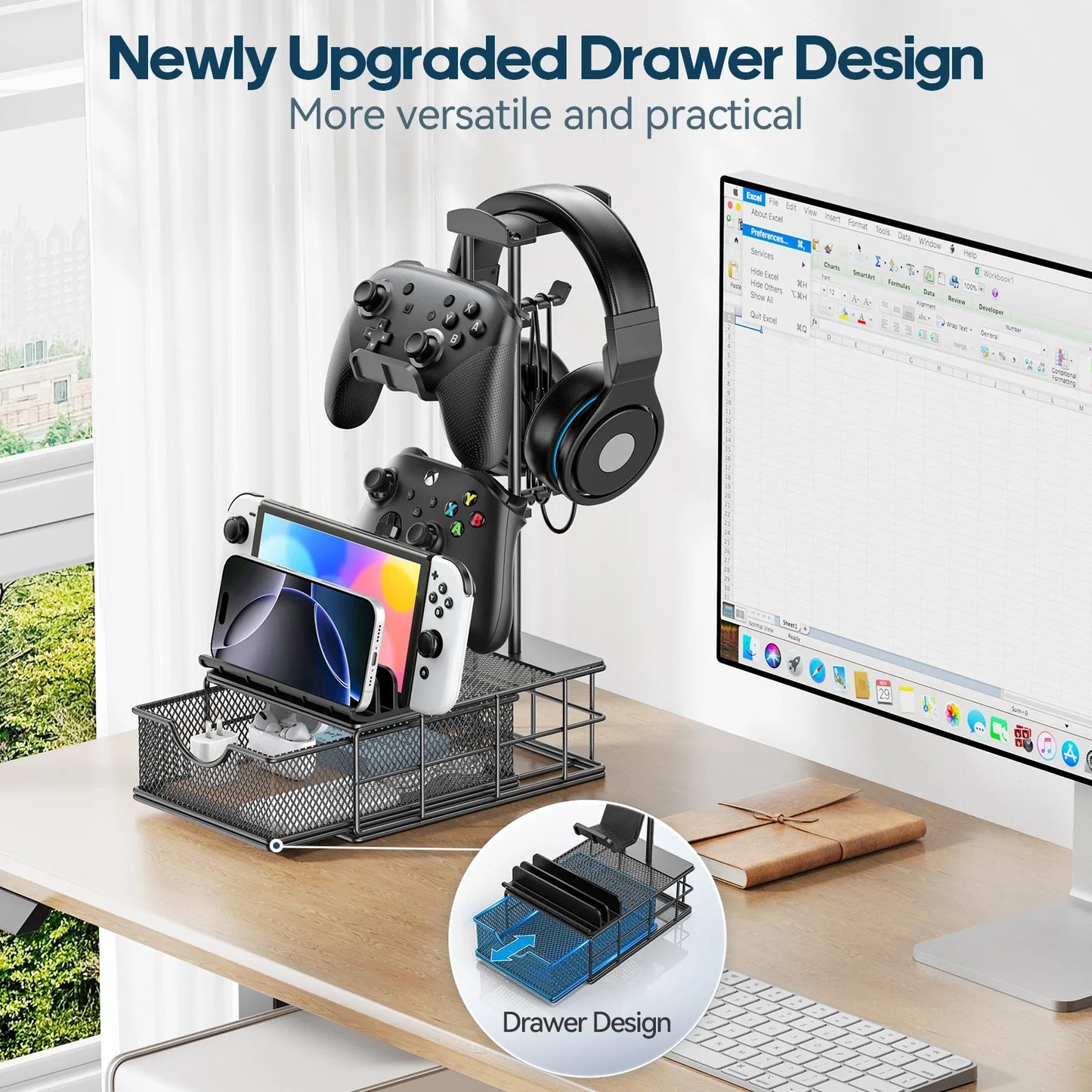 Headphone Stand with Drawer – Dual Controller & Headset Holder, Aluminum Bar, Cable Organizer, Desk Storage