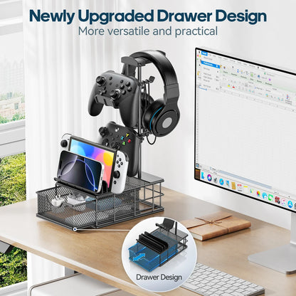 Headphone Stand with Drawer – Dual Controller & Headset Holder, Aluminum Bar, Cable Organizer, Desk Storage