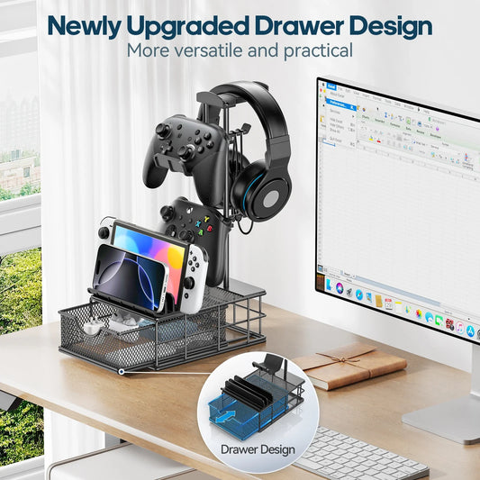Headphone Stand with Drawer – Dual Controller & Headset Holder, Aluminum Bar, Cable Organizer, Desk Storage