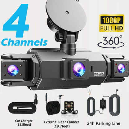 4-Channel 360° Dash Cam Car DVR – Front/Rear/Left/Right Recording, 24H Parking Monitor, G-Sensor, Loop Recording, Up to 128GB