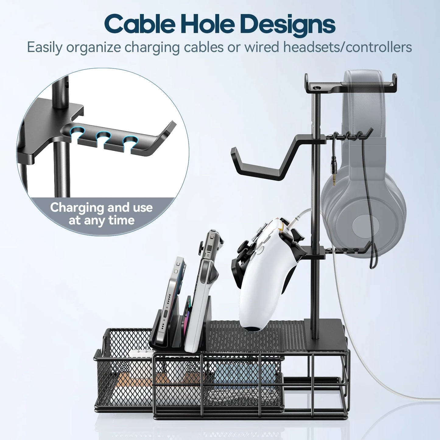 Headphone Stand with Drawer – Dual Controller & Headset Holder, Aluminum Bar, Cable Organizer, Desk Storage