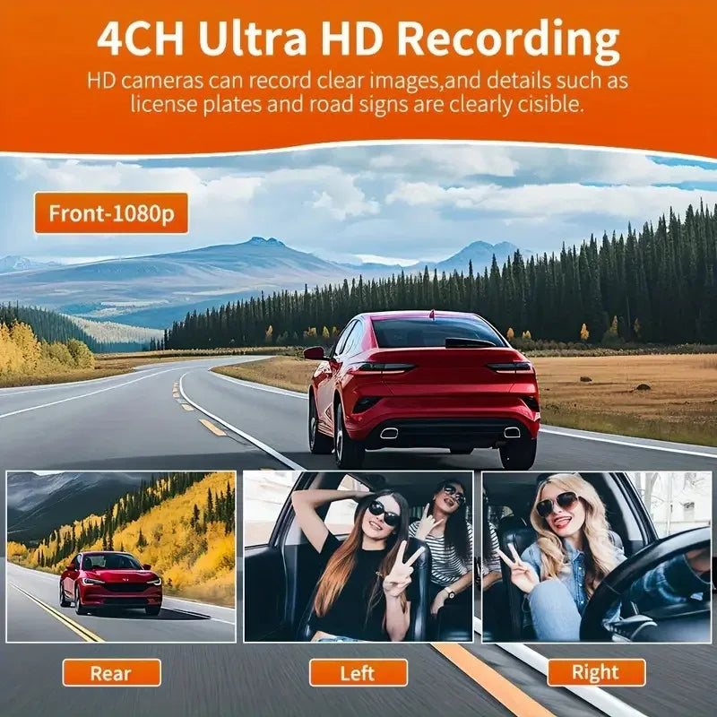 4-Channel 360° Dash Cam Car DVR – Front/Rear/Left/Right Recording, 24H Parking Monitor, G-Sensor, Loop Recording, Up to 128GB