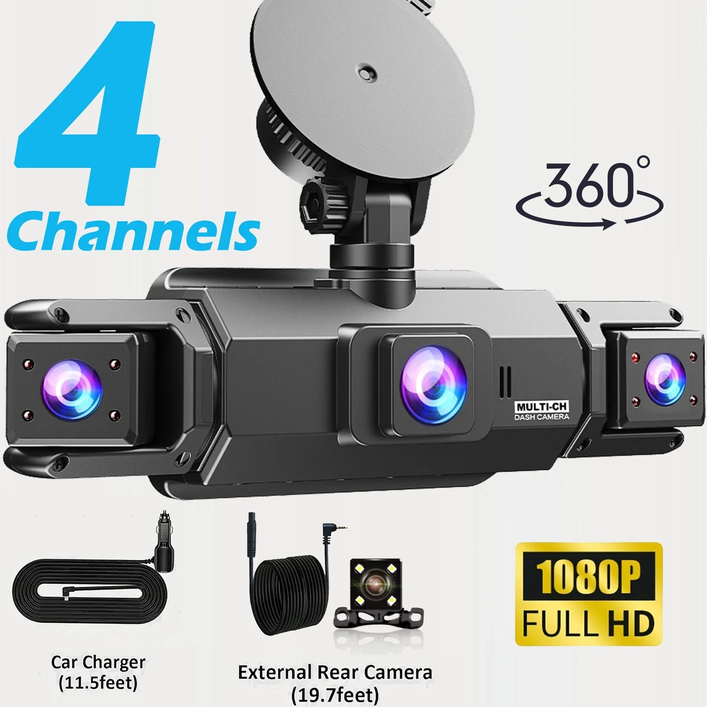 4-Channel 360° Dash Cam Car DVR – Front/Rear/Left/Right Recording, 24H Parking Monitor, G-Sensor, Loop Recording, Up to 128GB