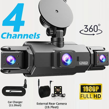 4-Channel 360° Dash Cam Car DVR – Front/Rear/Left/Right Recording, 24H Parking Monitor, G-Sensor, Loop Recording, Up to 128GB