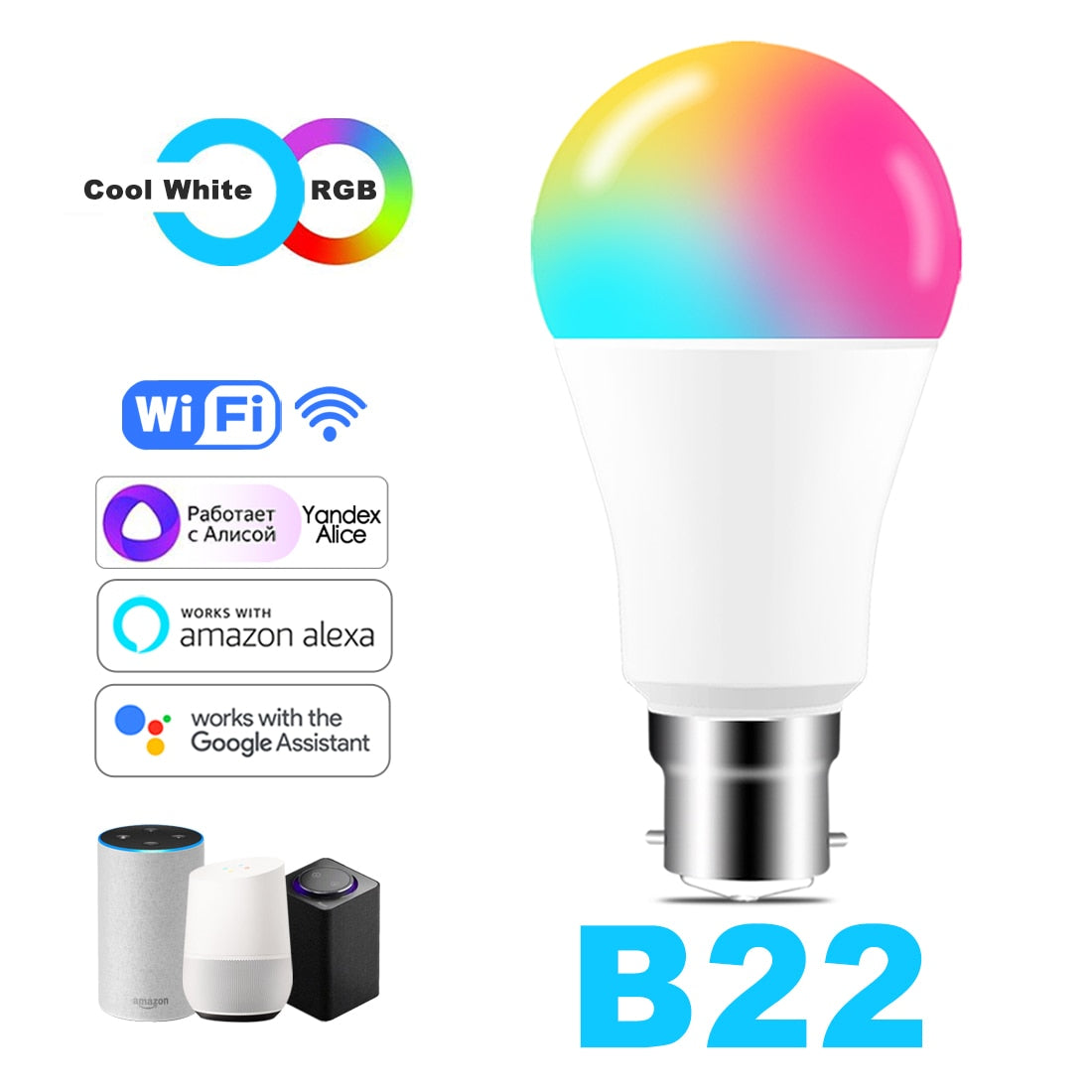 Wi-Fi Smart RGB + White Light Bulb - Alexa/Google Home Compatible - Dimmable, Timer, Color Changing