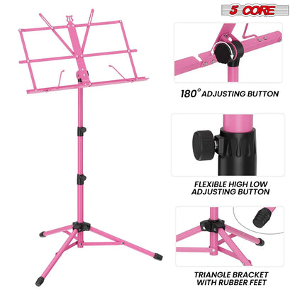 All-Metal Sheet Music Stand (Pink) – Portable Adjustable Desktop Book Holder, Foldable Bookstand for Musical Instruments, Model D0100H7WS06 (MUS FLD PNK)