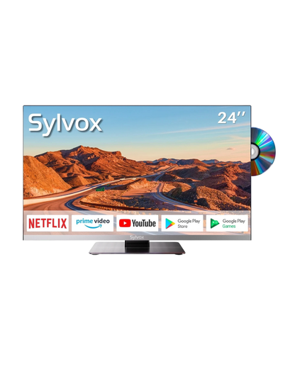 SYLVOX Limo Series 12V Smart RV TV – 24" 1080P Android 11 Television with Google Play, Built-In DVD Player, WiFi/Bluetooth, ATSC Tuner, Hi‑Fi Speakers, Anti‑Vibration Design, VESA 100x100, AC Adapter Included