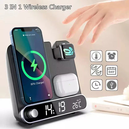3-in-1 Wireless Charging Station with Alarm Clock – 15W Fast Charger for iPhone, Apple Watch & AirPods, LED Display