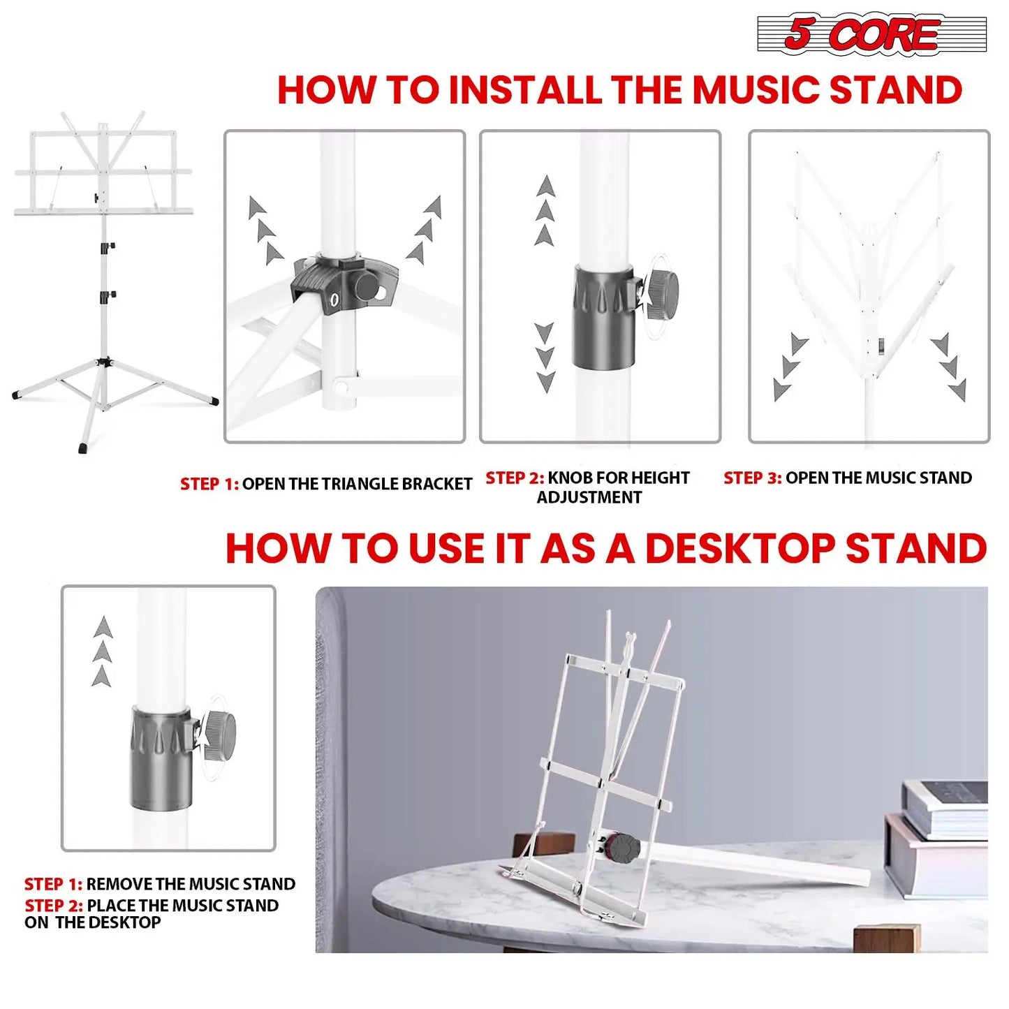 All-Metal Sheet Music Stand – Portable Adjustable Desktop Book Holder, Foldable Bookstand, Model D0100H5TA7J (MUS FLD WH)