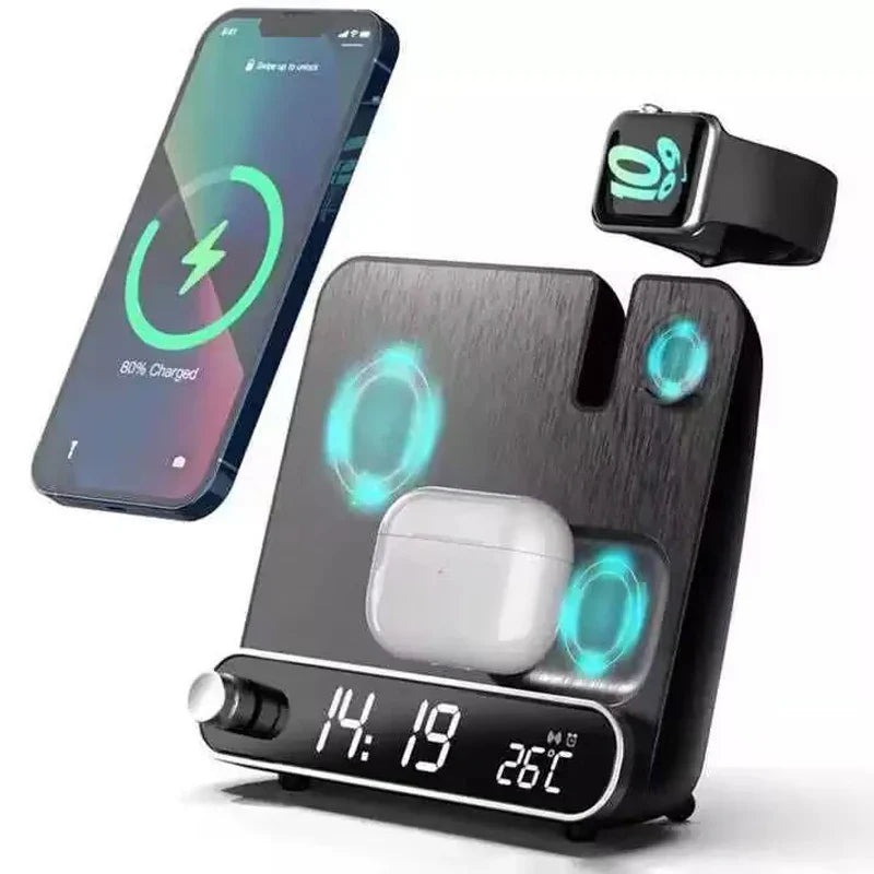 3-in-1 Wireless Charging Station with Alarm Clock – 15W Fast Charger for iPhone, Apple Watch & AirPods, LED Display
