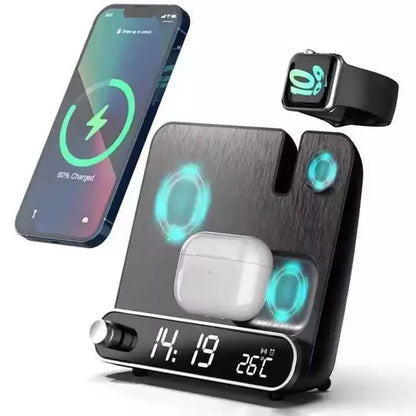 3-in-1 Wireless Charging Station with Alarm Clock – 15W Fast Charger for iPhone, Apple Watch & AirPods, LED Display