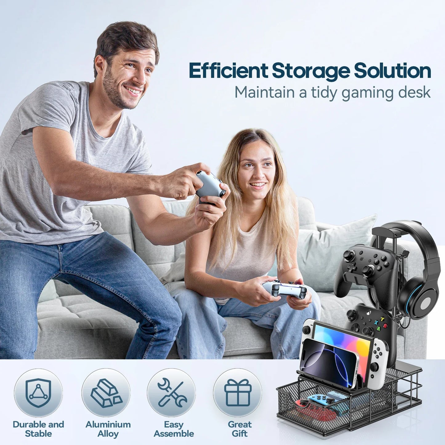 Headphone Stand with Drawer – Dual Controller & Headset Holder, Aluminum Bar, Cable Organizer, Desk Storage