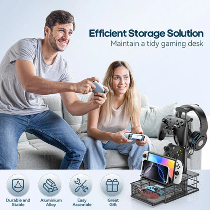 Headphone Stand with Drawer – Dual Controller & Headset Holder, Aluminum Bar, Cable Organizer, Desk Storage