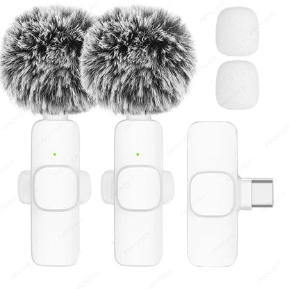 Wireless Lavalier Microphone Set (K1) – Dual Clip-On Mics + Receiver, 9ms Low Latency, Noise Reduction, Omnidirectional Pickup, 20m Range, 10-Hour Battery, Lightning/Type‑C Charging, iPhone/Android/PC/Camera Compatible