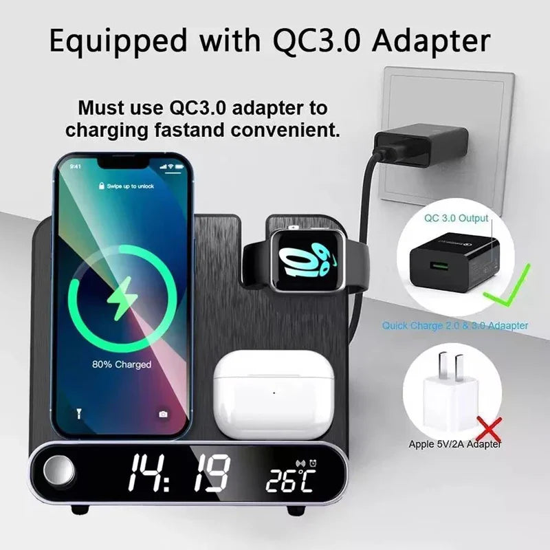 3-in-1 Wireless Charging Station with Alarm Clock – 15W Fast Charger for iPhone, Apple Watch & AirPods, LED Display