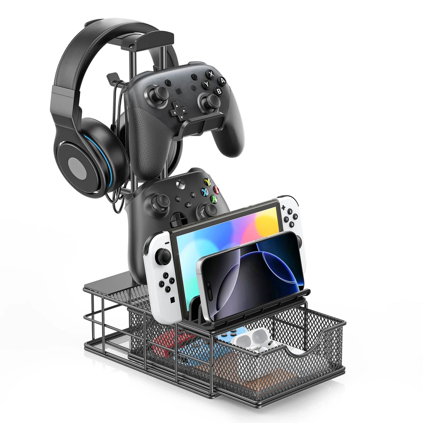 Headphone Stand with Drawer – Dual Controller & Headset Holder, Aluminum Bar, Cable Organizer, Desk Storage