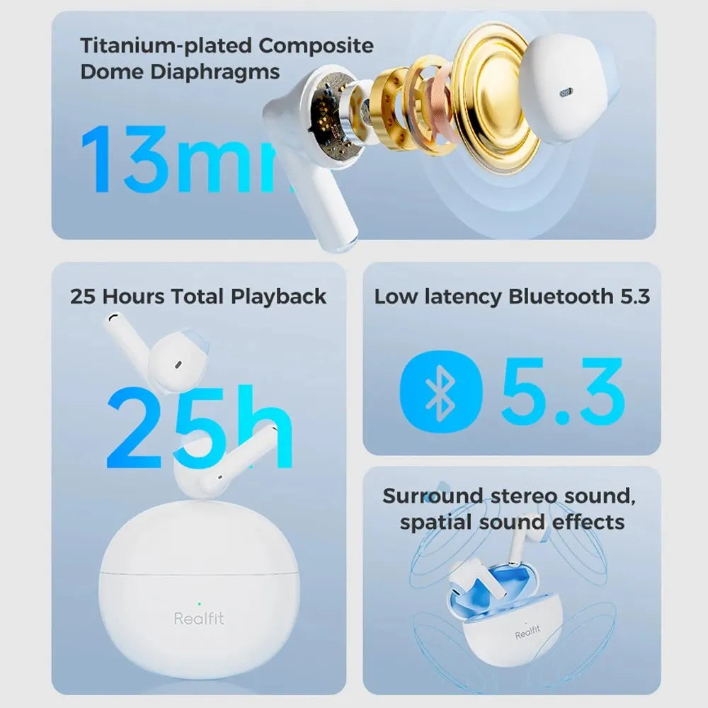 Realfit F2 TWS Bluetooth Earbuds – HiFi Sound, Waterproof True Wireless Earphones, Built-In Controls, Silicone Ear Tips, SBC Codec, Includes Charging Cable & Manual