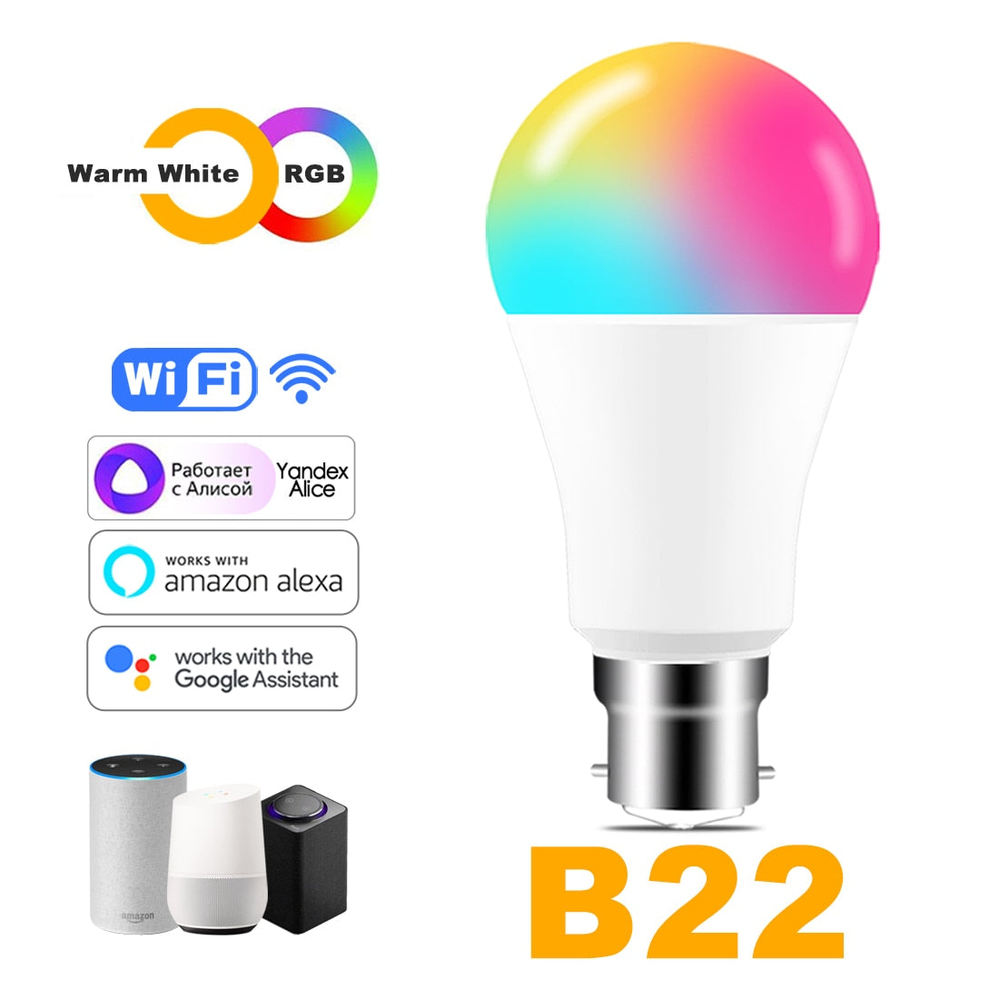 Wi-Fi Smart RGB + White Light Bulb - Alexa/Google Home Compatible - Dimmable, Timer, Color Changing