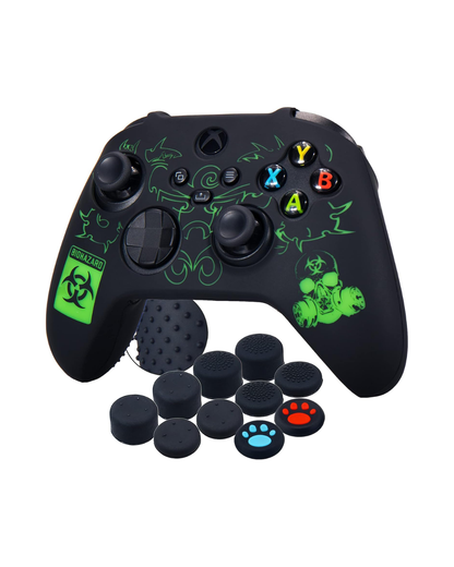 Xbox Series X/S Controller Silicone Skin - Back Dots Carving Design, Green, Includes 10 Pro Thumb Grips