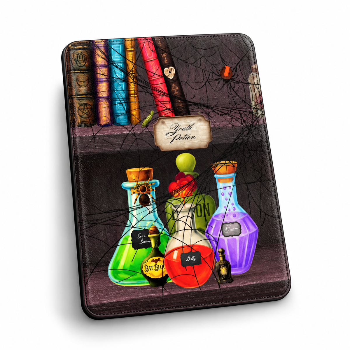 A tablet case featuring a gothic potion-themed illustration with colorful potion bottles, old books, spiderwebs, and a label reading 'YOUTH Potion'.