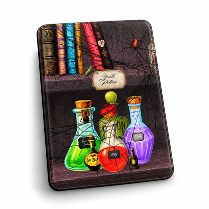 A tablet case featuring a gothic potion-themed illustration with colorful potion bottles, old books, spiderwebs, and a label reading 'YOUTH Potion'.