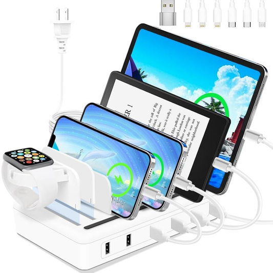 The Ultimate Charging Station: 50W 6-Port USB, 10 Slots, Watch Holder & 6 Short Cables