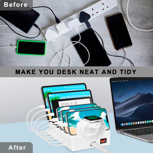 The Ultimate Charging Station: 50W 6-Port USB, 10 Slots, Watch Holder & 6 Short Cables