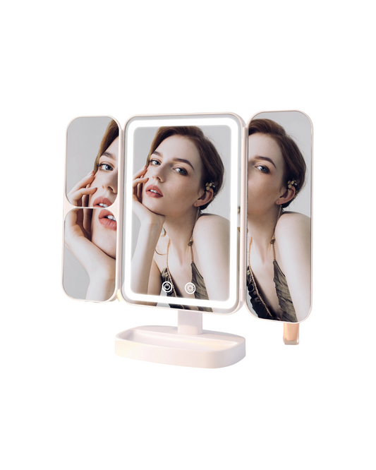 Tri-Fold LED Vanity Makeup Mirror - 80 Lights, 3-Level Magnification