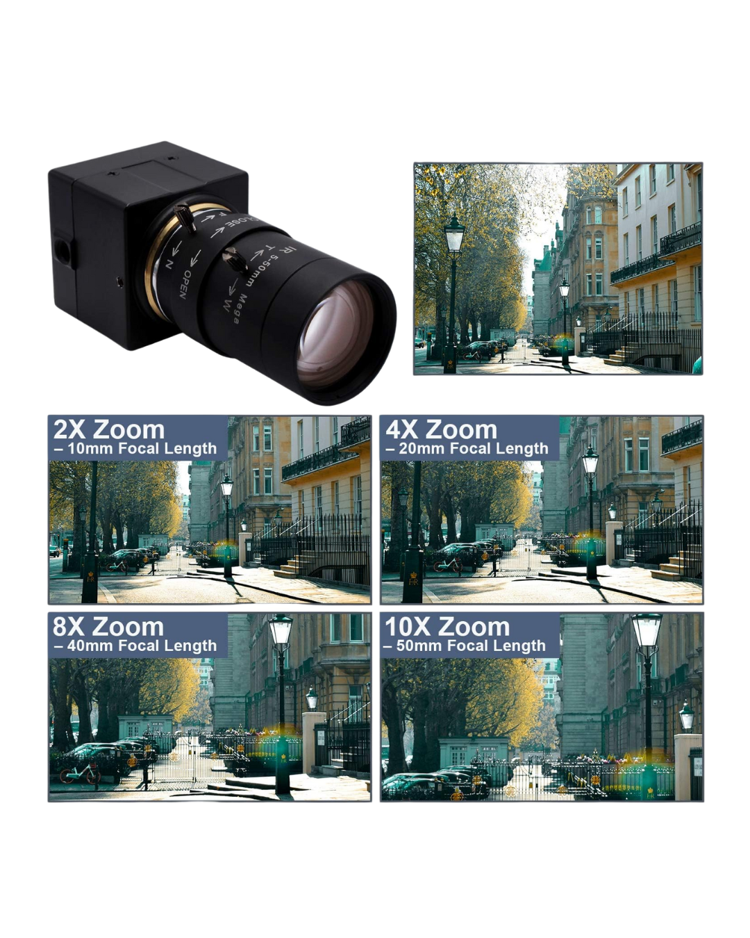 USB Webcam with 10X Optical Zoom - 5-50mm Lens, Sony IMX179, 3264x2448