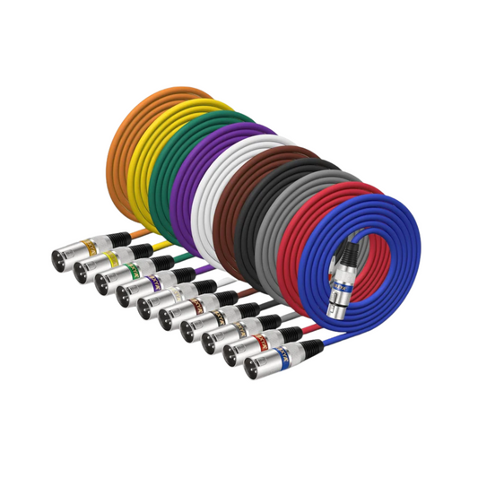 10-Pack 6ft Short XLR Microphone Cables - Multi-Color Male to Female Patch Set