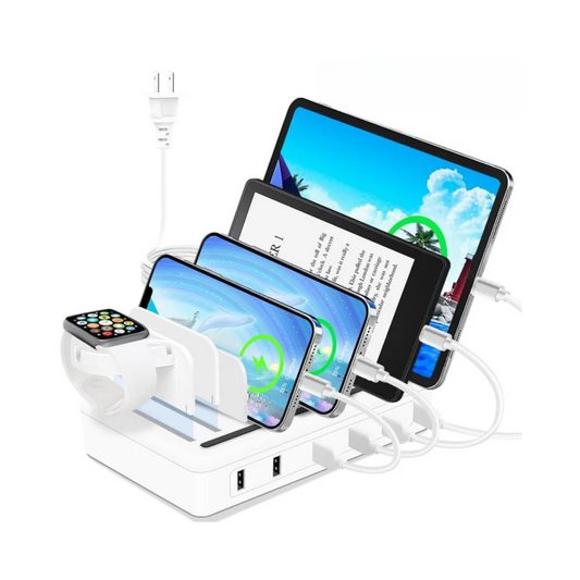50W 6-Port USB Charging Station - 10 Slots with Watch Holder & 6 Short Cables