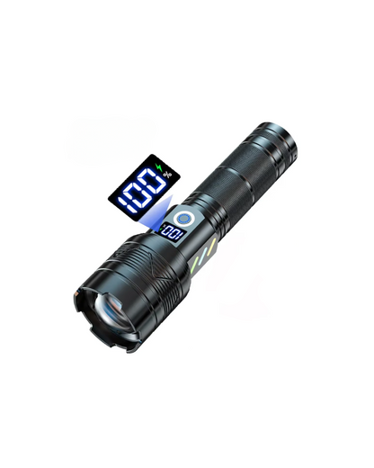 Linterna táctica LED de alta potencia, recargable tipo C, con zoom y pantalla de potencia. 