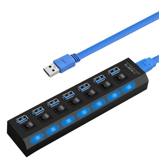 7-Port USB Hub 3.0 - High-Speed Multi-Device Connector with LED Indicator & Individual Switches