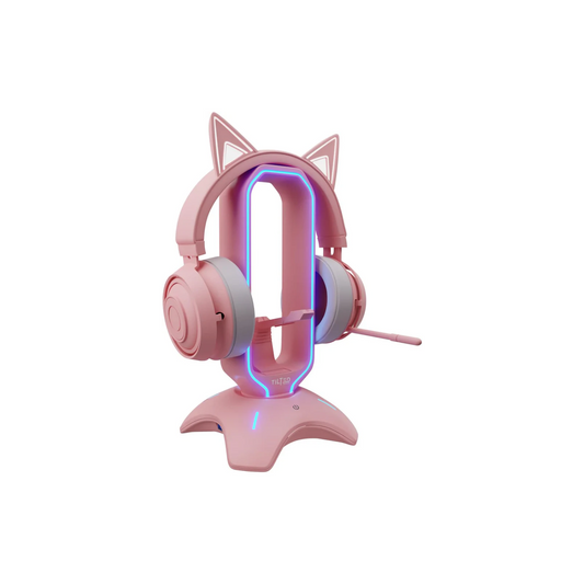 Pink Gaming Headphone Stand with RGB Lighting - Multi-Function Desk Organizer with USB Hub & Mouse Bungee