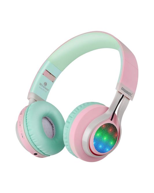 WT-7S Bluetooth Headphones - LED Light-Up Foldable Wireless with Mic (Pink/Green)