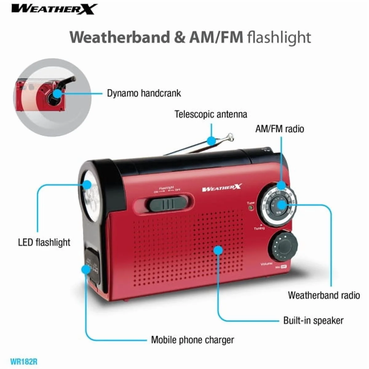 WeatherX AM/FM Weather Band Radio & Flashlight – NOAA Alerts, Hand Crank Power, Phone Charger, LED Light, Rechargeable Battery, USB/Micro-USB Cable Included