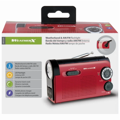 WeatherX AM/FM Weather Band Radio & Flashlight – NOAA Alerts, Hand Crank Power, Phone Charger, LED Light, Rechargeable Battery, USB/Micro-USB Cable Included