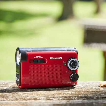 WeatherX AM/FM Weather Band Radio & Flashlight – NOAA Alerts, Hand Crank Power, Phone Charger, LED Light, Rechargeable Battery, USB/Micro-USB Cable Included