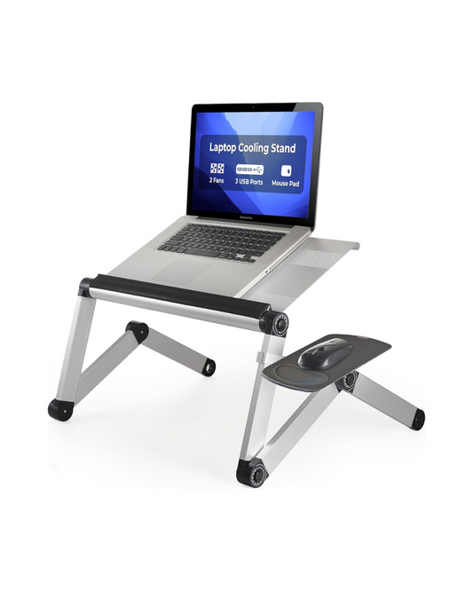 Workez Adjustable Laptop Stand - Cooling Fan, USB Ports & Mouse Pad (Silver)