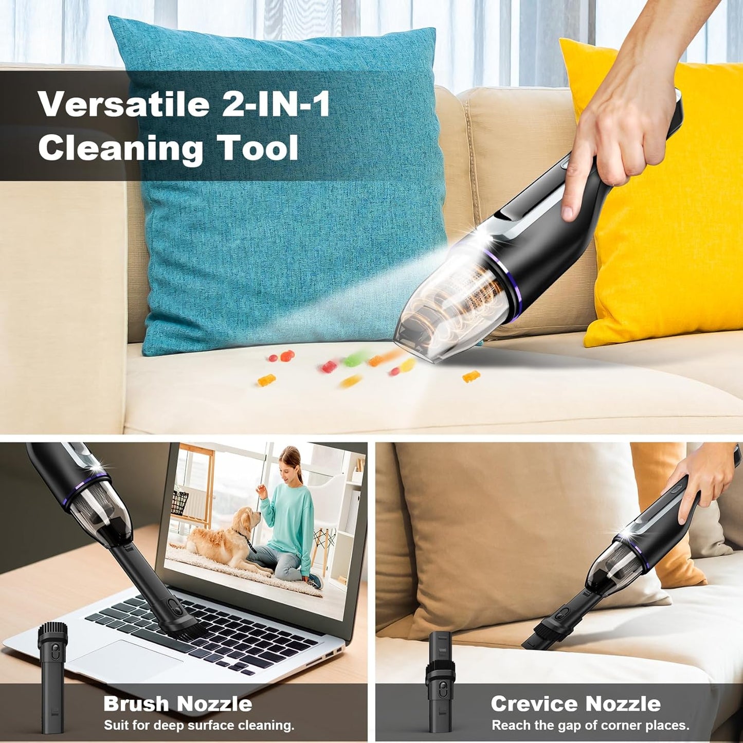 Cordless Handheld Vacuum Cleaner 14000Pa Suction Mini Car Vacuum Lightweight LED