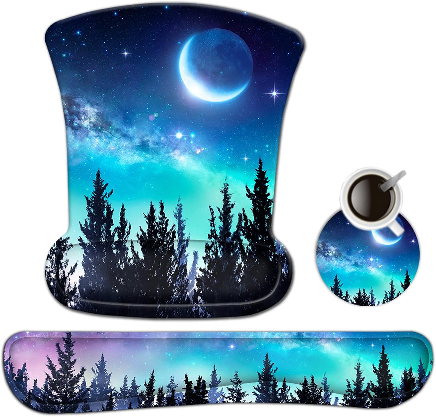Ergonomic Keyboard Wrist Rest and Mouse Pad with Wrist Support Set, Memory Foam Non-Slip Rubber Base, for Gaming, Working, Home, Office, Easy Typing, Pain Relief, Forest Moon Sky