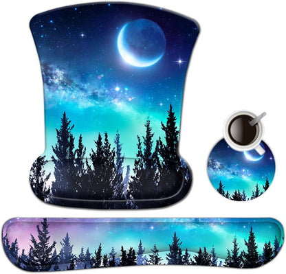 Ergonomic Keyboard Wrist Rest and Mouse Pad with Wrist Support Set, Memory Foam Non-Slip Rubber Base, for Gaming, Working, Home, Office, Easy Typing, Pain Relief, Forest Moon Sky