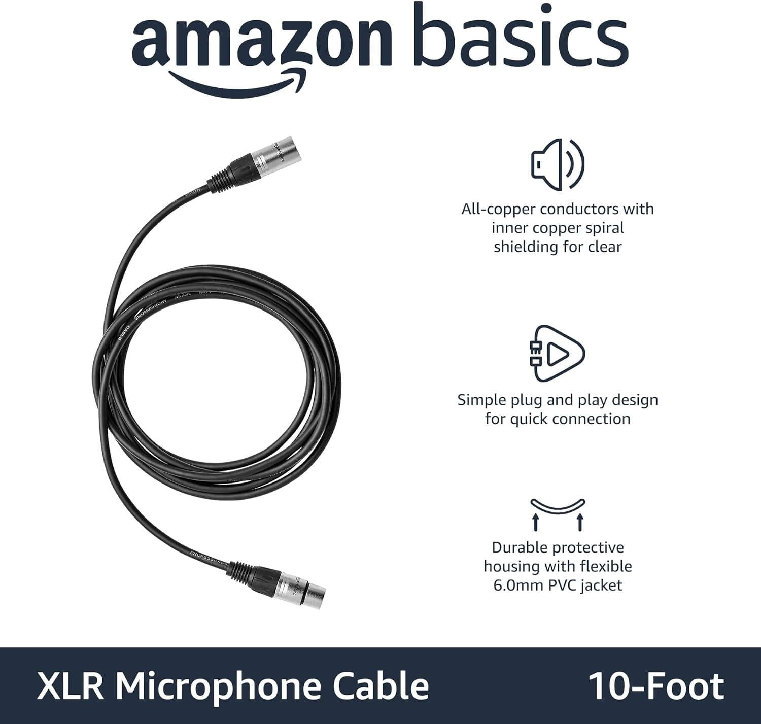 XLR Microphone Cable for Recording Studio Speaker, PA System, All Copper Conductors, 10 Ft, Black