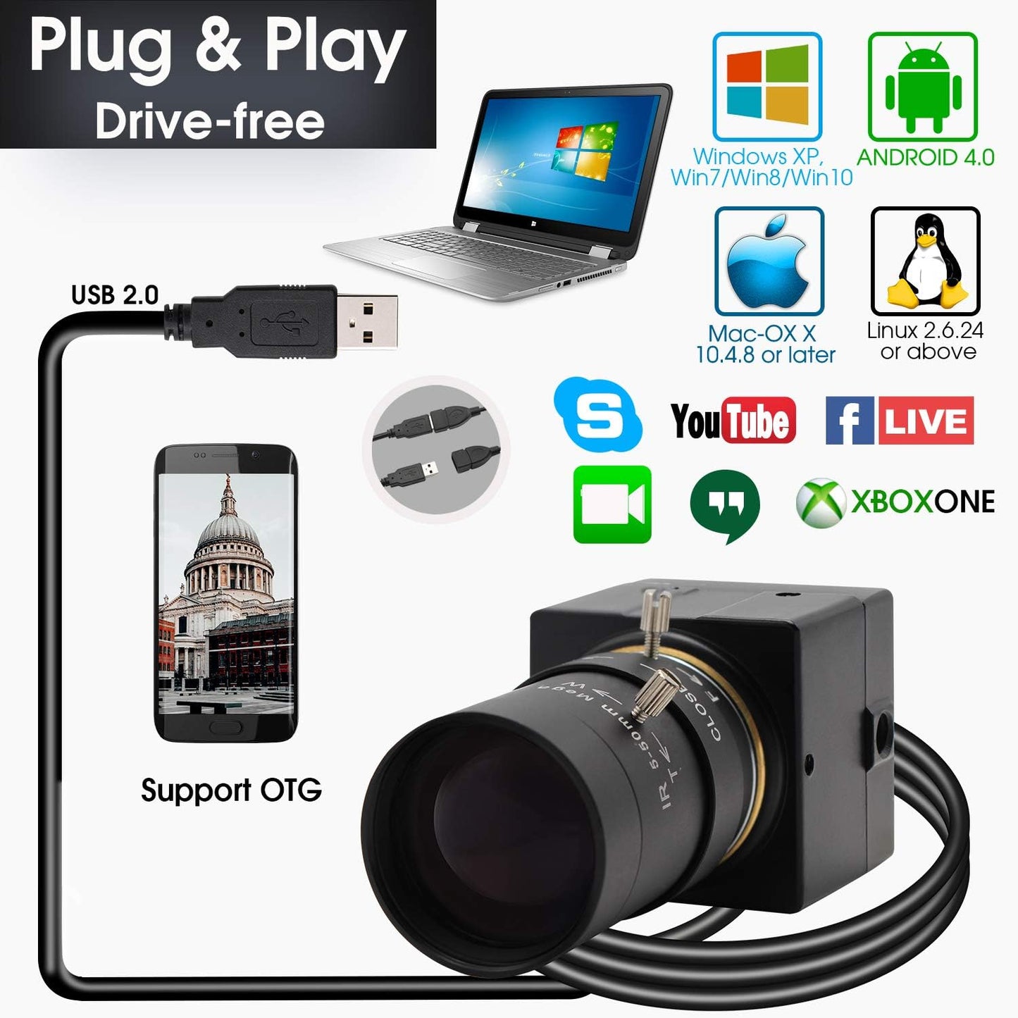 USB Webcam with Zoom Lens 5-50Mm, 10X Optical Zoom Manual Focus,High Resolution 3264X2448,Sony IMX179 Sensor,Usb HD Computer Camera for Windows MAC Linux Android