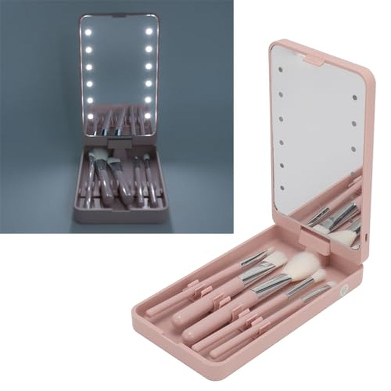 LED Makeup Mirror with Rotating and Folding Brush Set, High Clarity Cosmetic Brushes Kit with Built in Storage Compartment, Multifunctional, Suitable for Home and Travel