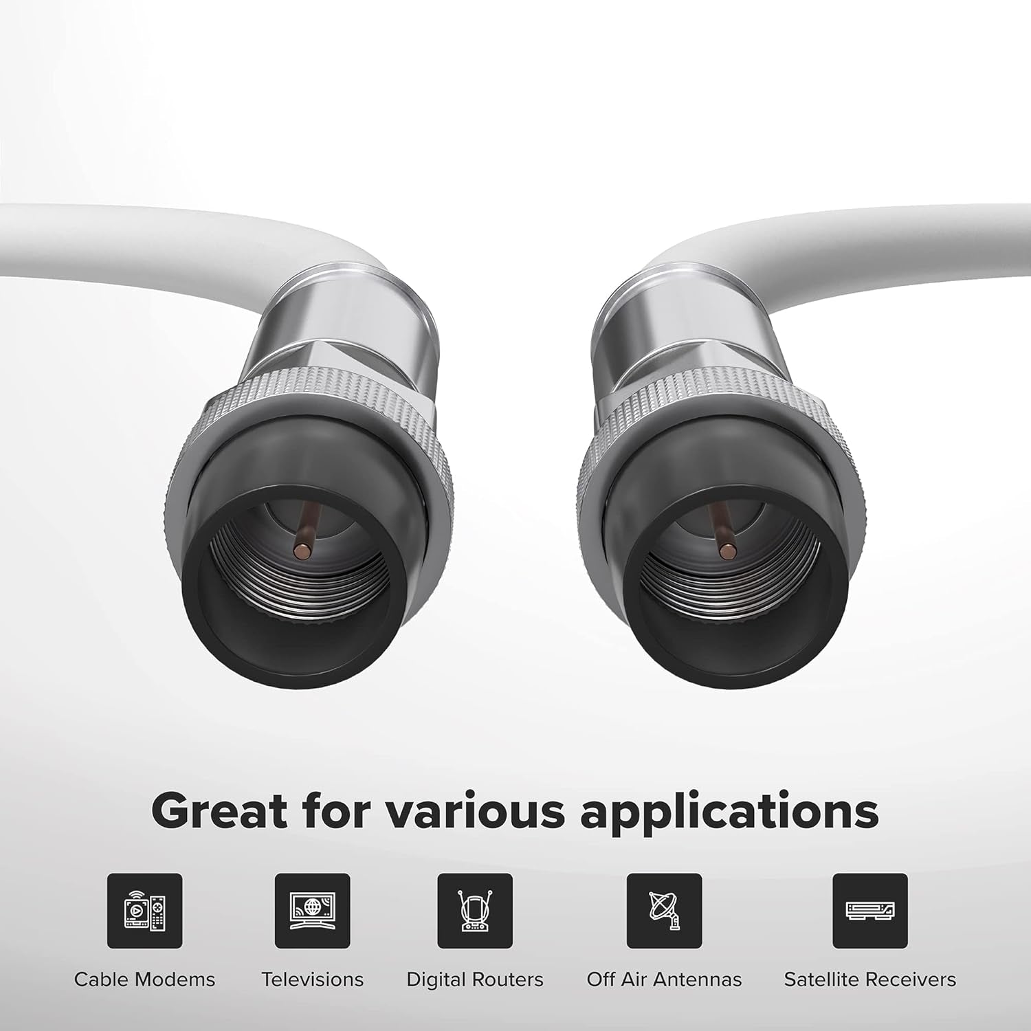 75' Feet, White RG6 Coaxial Cable with Rubber Booted - Weather Proof Indoor/Outdoor Rated Connectors, F81 / RF, Digital Coax for CATV, Antenna, Internet, Satellite, and More