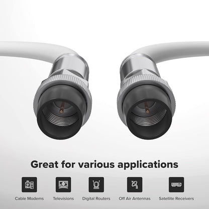 75' Feet, White RG6 Coaxial Cable with Rubber Booted - Weather Proof Indoor/Outdoor Rated Connectors, F81 / RF, Digital Coax for CATV, Antenna, Internet, Satellite, and More