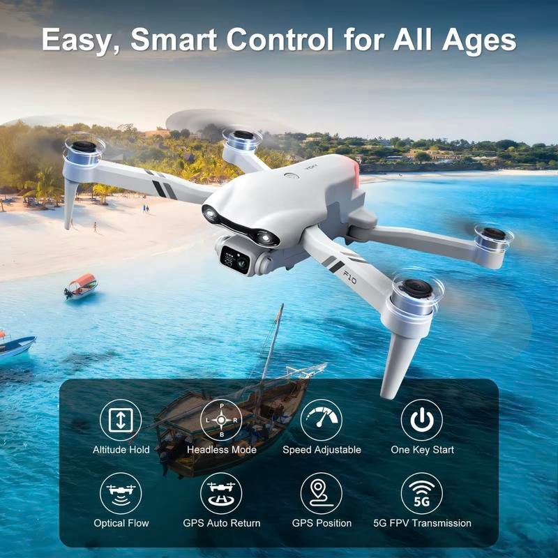 Aerial Drone F10 Pro 2025 GPS Positioning 4K UHD EIS Camera 5G Wifi FPV Brushless Motors Optical Flow Hover Intelligent Obstacle Avoidance Auto Return 360° Stunt Roll Two Batteries